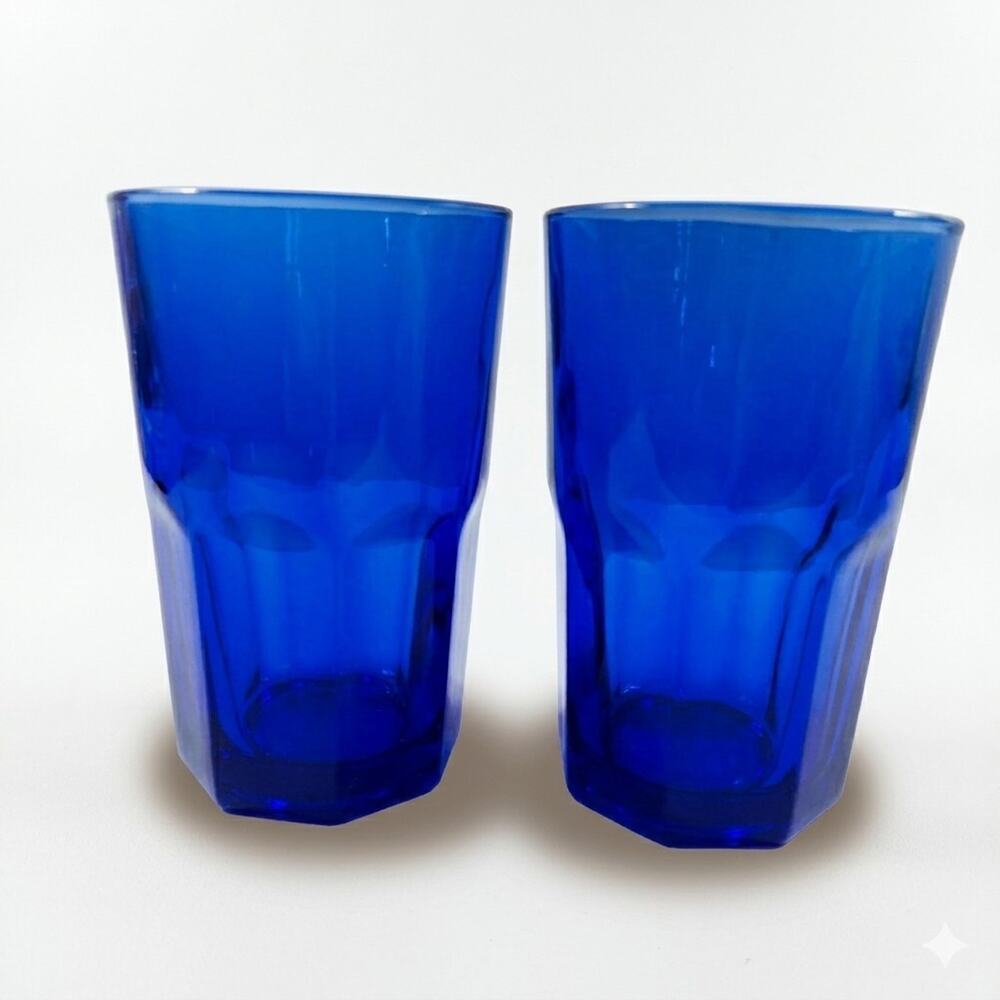 Vintage (2) Libbey Crisa Boston Cobalt Blue Glasses Paneled Cooler 5.25" 16 oz